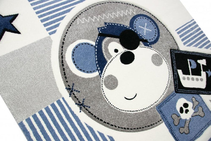 CARPETIA Teppich Kinderzimmer Babyzimmer Jungen AFFE Pirat blau crème grau schwarz Grösse 80 cm Rund