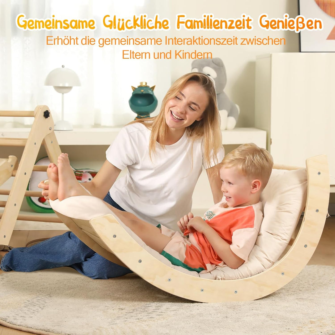 7-in-1 Montessori Kletterdreieck Set mit Rutsche, Kletterbogen & weichem Kissen – Holz Klettergerüst