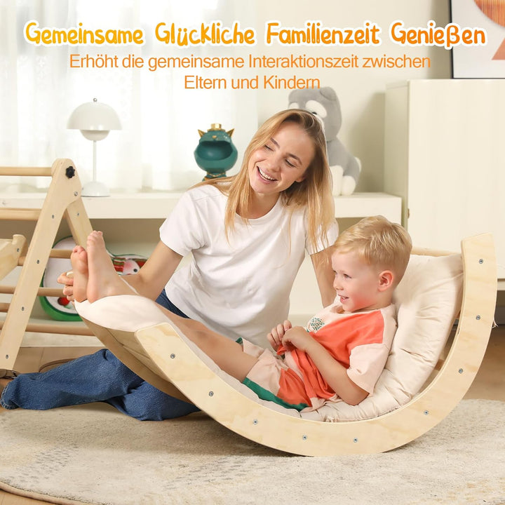 7-in-1 Montessori Kletterdreieck Set mit Rutsche, Kletterbogen & weichem Kissen – Holz Klettergerüst