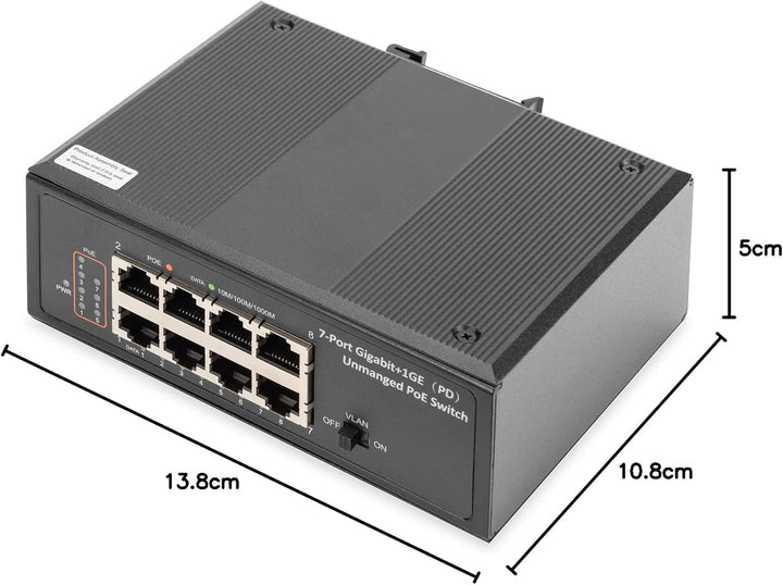 DIGITUS Industrieller 7-Port Gigabit PoE+ Switch mit 1 x PD-Port