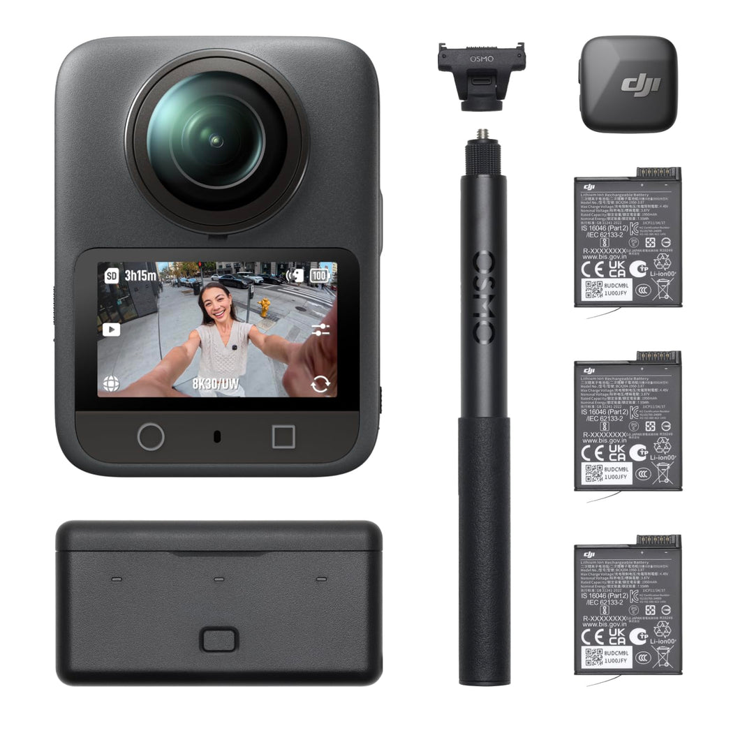 DJI Osmo 360 Vlog Combo, 360 Kamera ideal für Vlogger mit Mic Mini Sender, verlängerte Akkulaufzeit