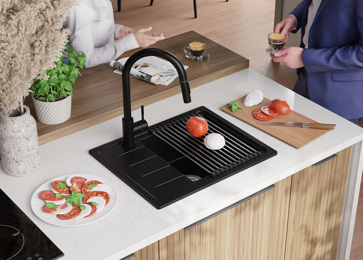 PRIMAGRAN Granitspüle Alles Schwarz 55x44cm, Spülbecken 1 Becken + Küchenarmatur 40x38cm + Ablauf-Se