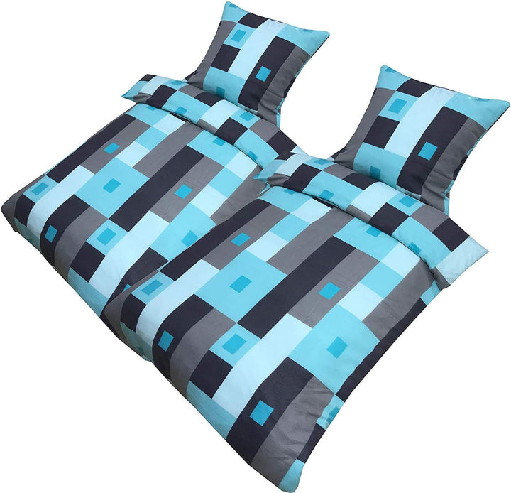 Birsppy Leonado-Vicenti Fleece Bettwäsche 135x200 cm 80x80 cm 4 TLG Türkis Grau Karo Warme Garnitur