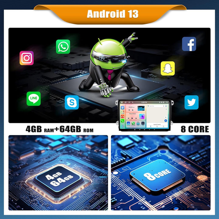 [8 Core 4G+64G] CAMECHO Autoradio Android 13 für VW Golf 5 6 Polo Skoda Passat mit Wireless Carplay
