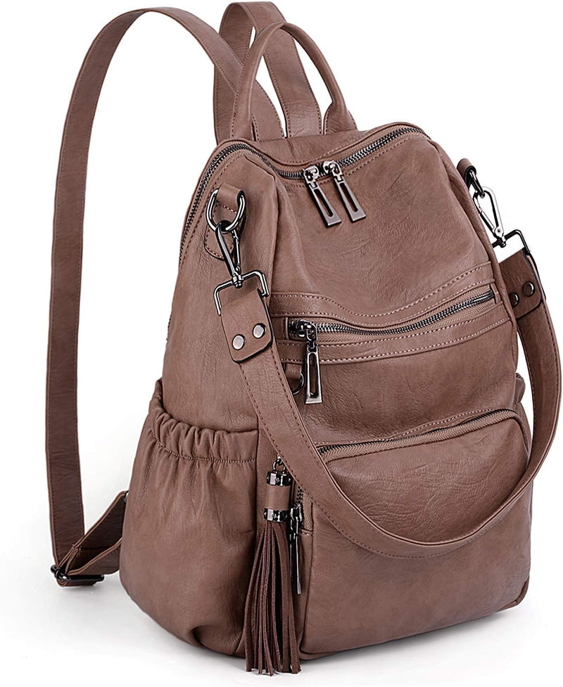 UTO Damen Rucksack PU Washed Leder Modischer Multifunktionsrucksack mit Quastendesign Lässige Schult