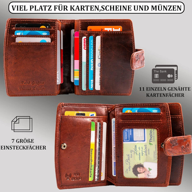 MATADOR Damen Geldbörse aus Echt Leder - TÜV Geprüfter RFID/NFC Schutz - Portemonnaie Blumenprägung