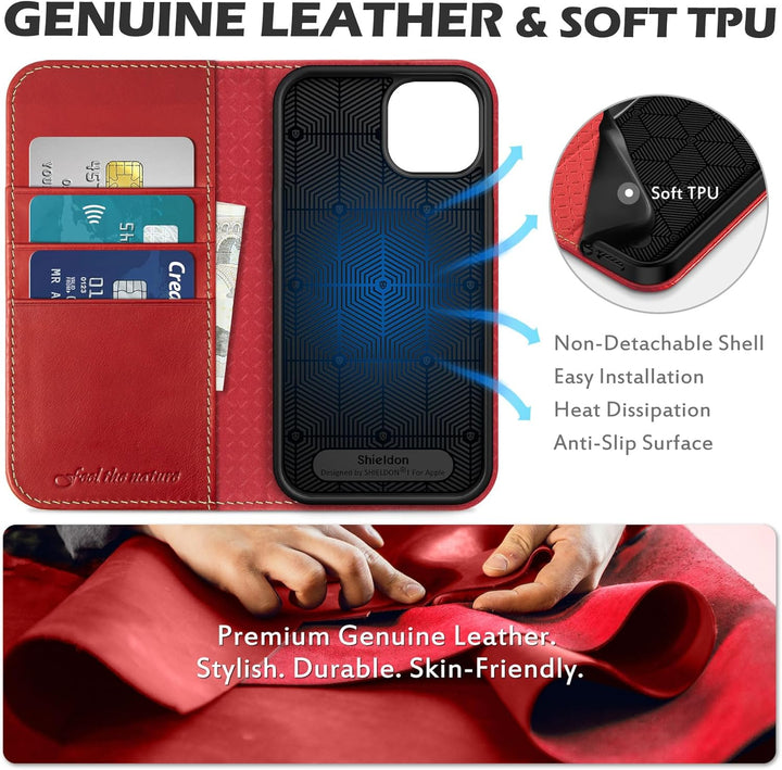 SHIELDON Hülle für iPhone 14 Lederhülle [Echtleder] [Lifetime Garantie] [RFID-Sperre] [Kartenfach] [
