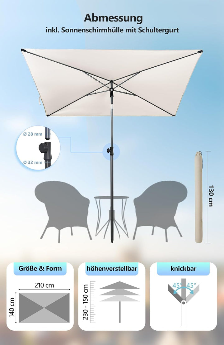 4smile Sonnenschirm Balkon im Set – Sonnenschirm rechteckig 210×140 cm, UV 50+ Sonnenschutz Balkon,