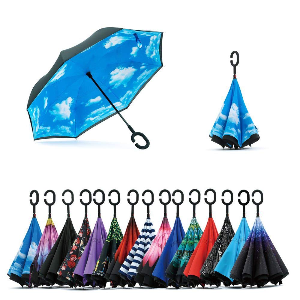 Jooayou Umdrehbarer Regenschirm mit 2 Flächen, C-förmiger Griff, rückseitig faltbarer Regenschirm, A