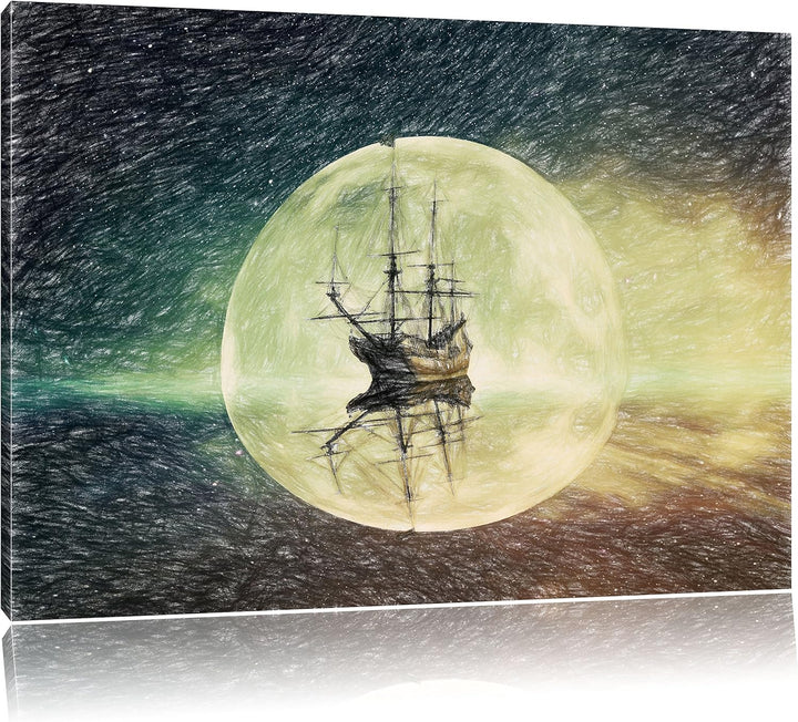 Pixxprint Geisterschiff im Weltall / 100x70cm Leinwandbild bespannt auf Holzrahmen/Wandbild Kunstdru