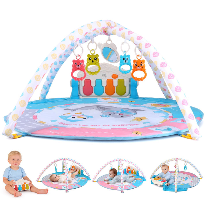 Baby-Spielmatte, Baby-Spielbogen mit Rassel, Klavier und Spiegel, Boden-Spielmatte (100 cm Durchmess