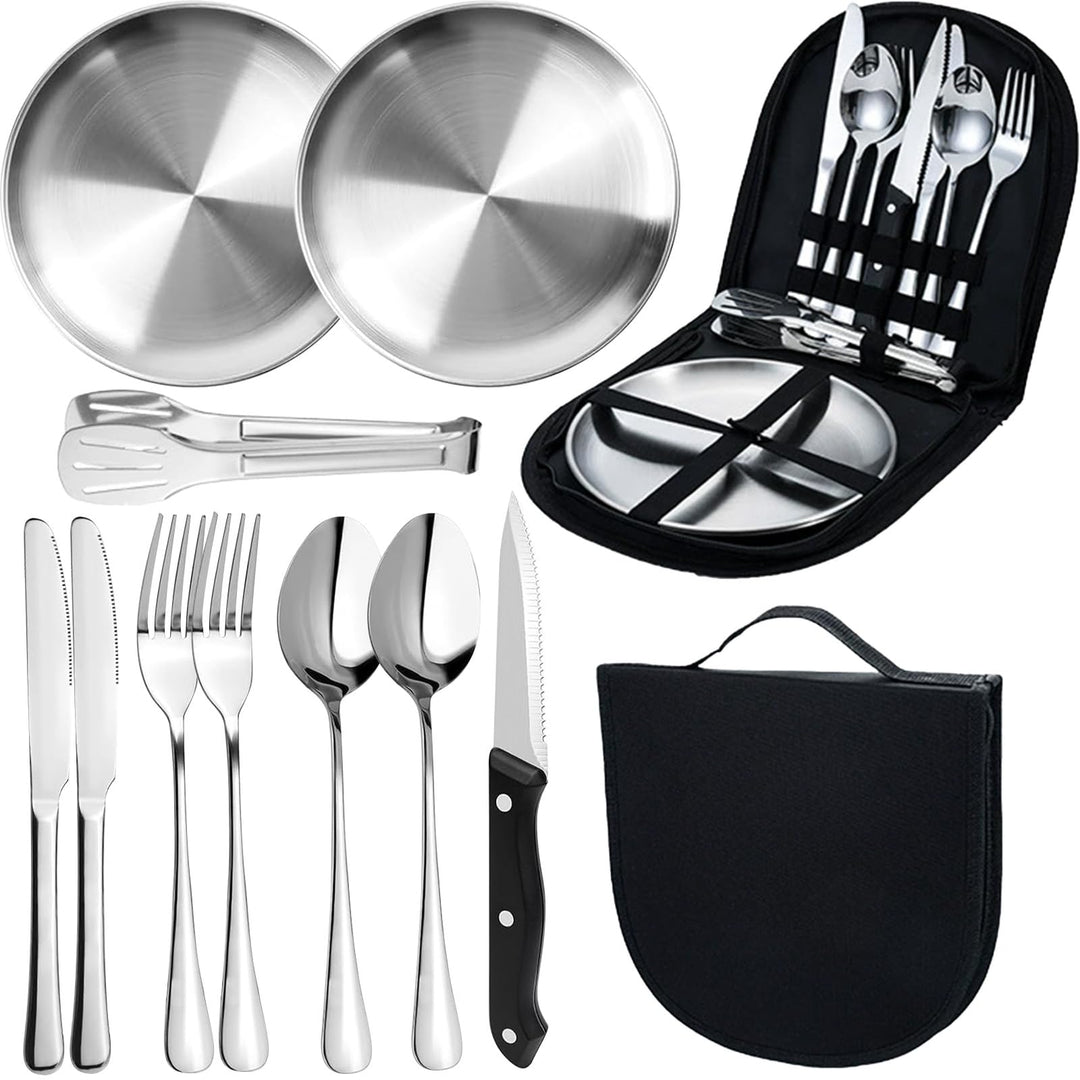 Camping Geschirr Set für 2 Personen, 10 Stück Tragbars Campingbesteck Set aus Edelstahl für Picknick