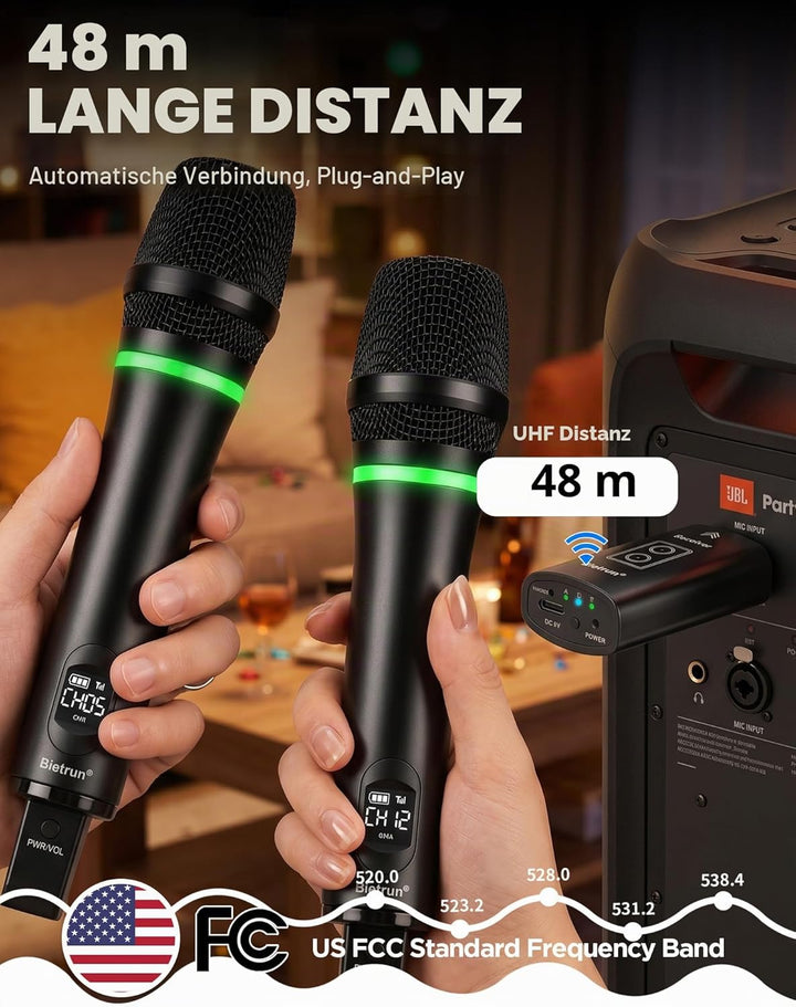 Bietrun Kabelloses Mikrofon, wiederaufladbar, UHF-Metall, doppeltes schnurloses, dynamisches unidire