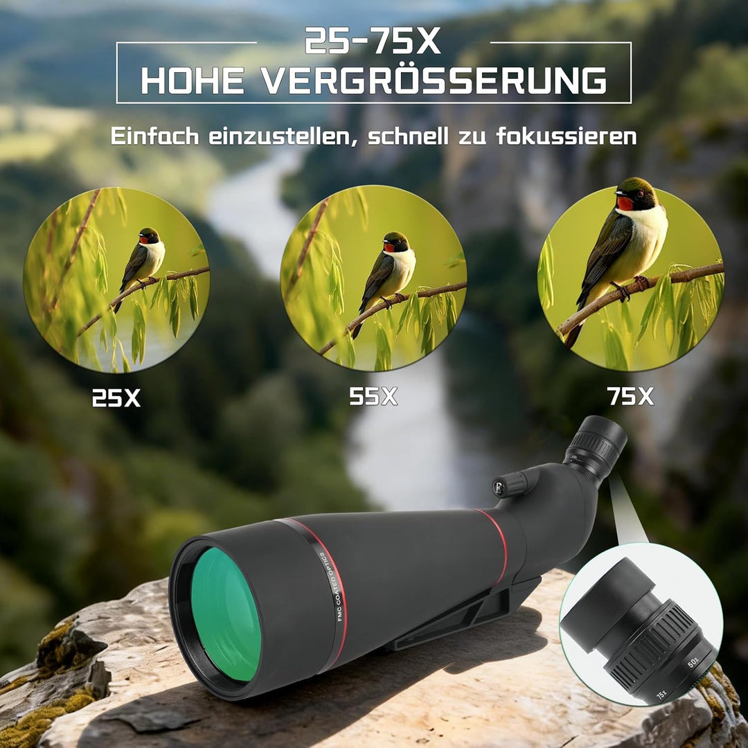 25-75 x 100 mm Spektiv mit Stativ, Porro Prisma FMC Objektiv -Low Light Vision mit Handy Adapter Tra