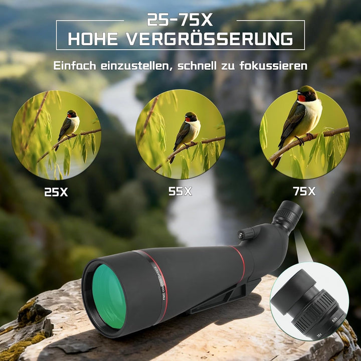 25-75 x 100 mm Spektiv mit Stativ, Porro Prisma FMC Objektiv -Low Light Vision mit Handy Adapter Tra