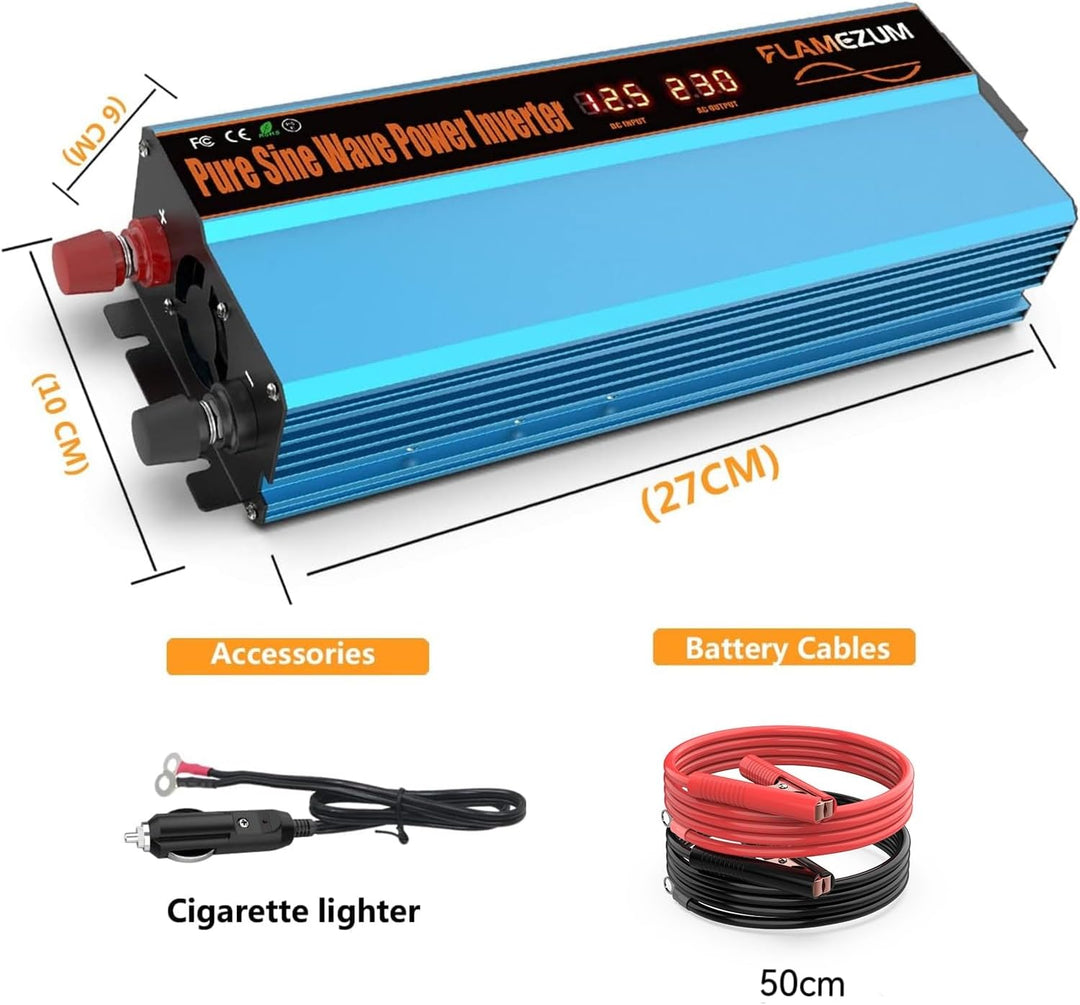 FLAMEZUM 1000W Wechselrichter 12V auf 230V Reiner Sinus Umwandler -Auto Spannungswandler Inverter Ko