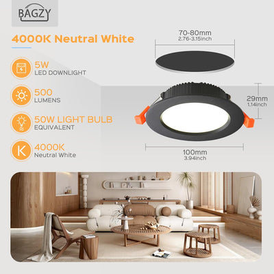 BAGZY Einbaustrahler Schwarz LED Spots ultra flach 5W 230V IP44, 500 Lumen 2er Set Natürliches Weiss