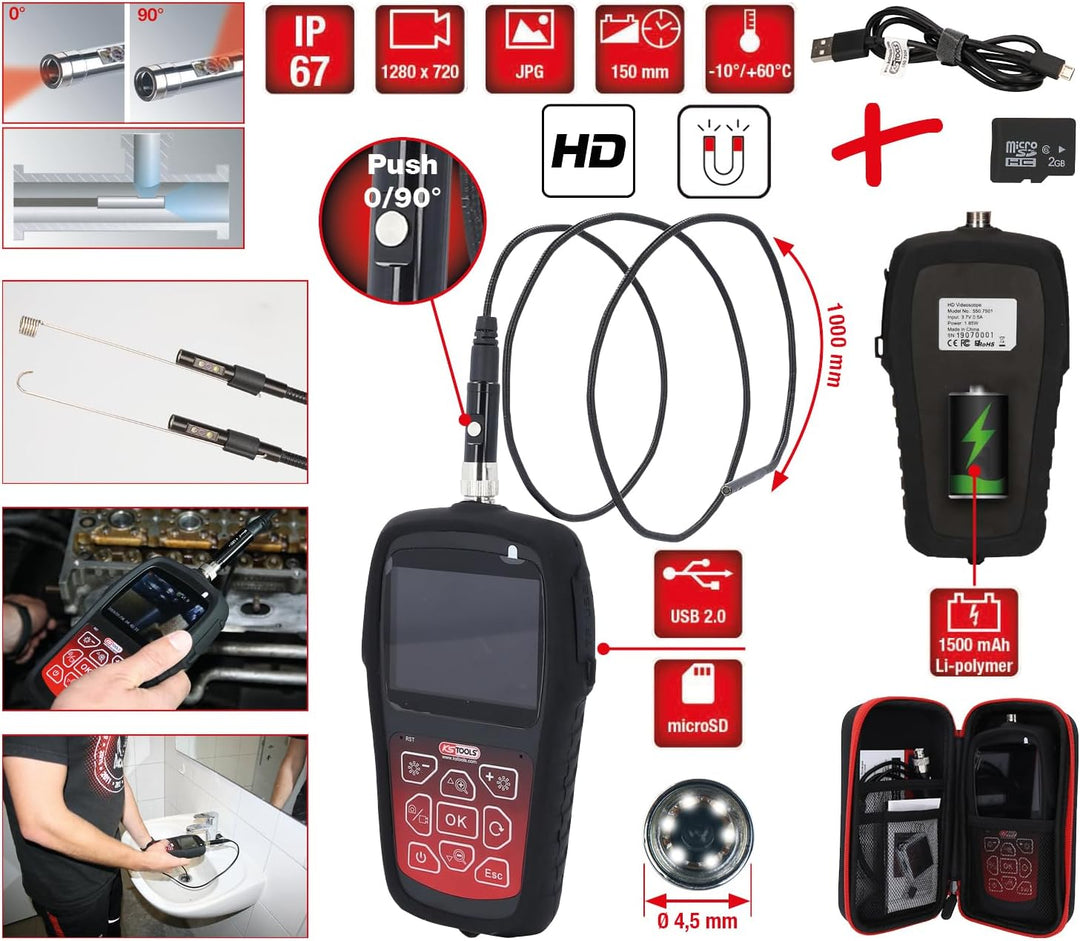 KS Tools 550.7530 HD-Videoskop-Satz mit Ø 4,5 mm 0° und 90° HD Frontkamera-Sonde, umschaltbar, 7-tlg