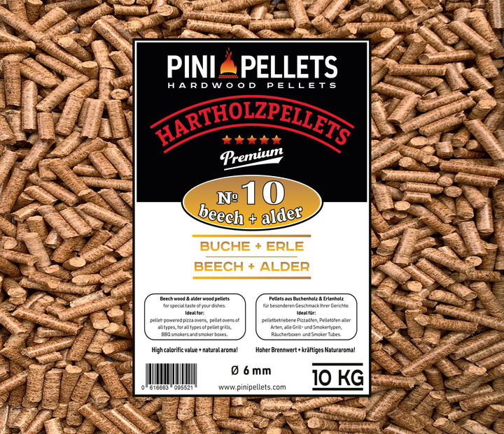 PINI Grillpellets № 10 Buche Erle Mix 10 kg BBQ Hartholzpellets zum Grillen Räuchern Smoken