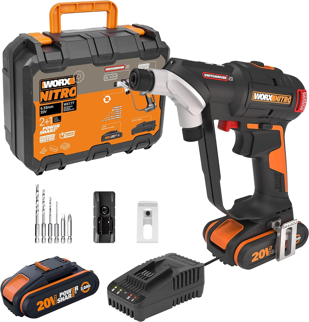 WORX WX177 NITRO Akku-Bohrschrauber Switchdriver 2.0 20V – starker bürstenloser Motor bis 50Nm Drehm
