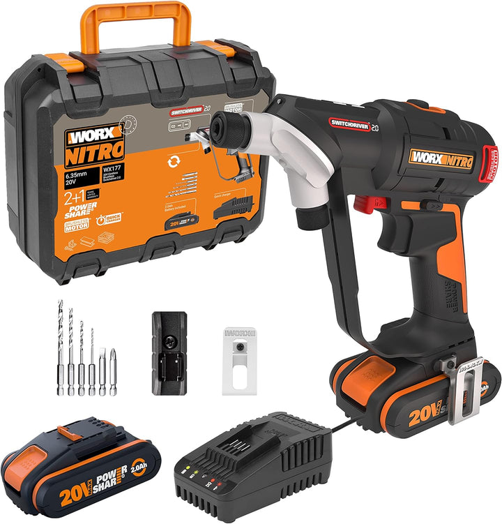 WORX WX177 NITRO Akku-Bohrschrauber Switchdriver 2.0 20V – starker bürstenloser Motor bis 50Nm Drehm