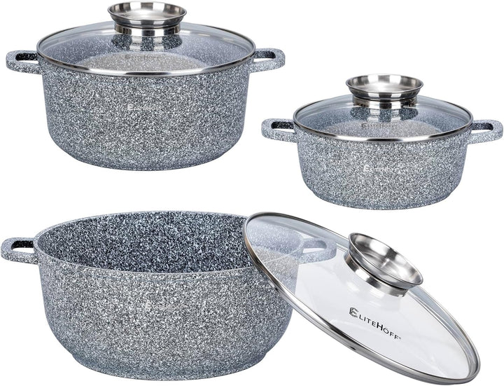 EliteHoff Kochtopf Set Induktion, Topf aus Aluminiumguss mit Antihaftbeschichtung, Topfset mit Glasd