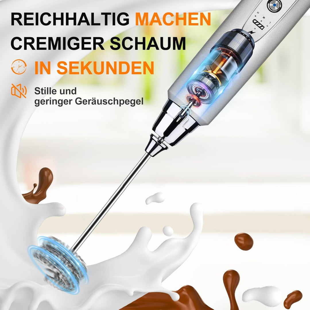 YUSWKO Milchaufschäumer Stab für Kaffee, Usb Wiederaufladbarer Aufschäumer, 3 Schneebesen-Köpfe 3 Ge