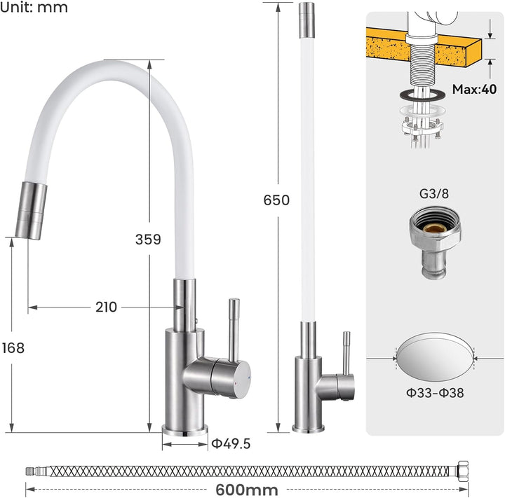 CECIPA Flexibler Küchenarmatur Weiss, Wasserhahn Küche mit 2 Strahlarten, Hochdruck Armatur Küche, M