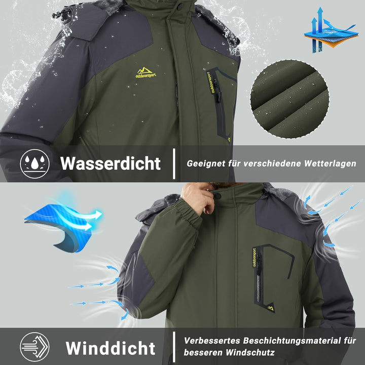 KEFITEVD Herren Skijacke Atmungsaktiv Warm Gefüttert Winterjacke mit Abnehmbarer Kapuze Snowboardjac