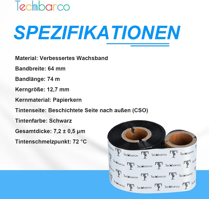 Premium Wachsband mit Thermotransferband, verstärktes Wachs, Kern 2,5 cm, Schwarz, Tinte aussen, mit