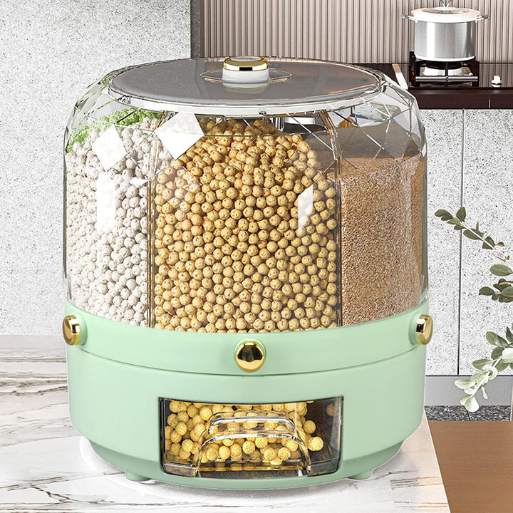 Drehbare Körner Aufbewahrungsbox, 6 Gitter, 6 kg, 360 Grad drehbarer Reisspender für Reis, Bohnen, G