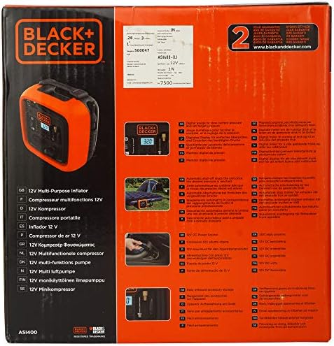 Black+Decker 11.0 Bar/12V-Kompressor/ Luftpumpe (160PSI, für Reifen, Bälle, Rollstühle, Etc., mit 2
