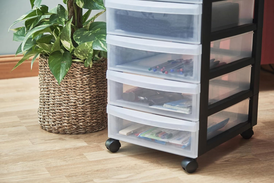 Iris Ohyama Kunststoff-Schubladenbox mit Rollen, 6 flachen Schubladen, Schwarz, Griffe zum Ziehen, F