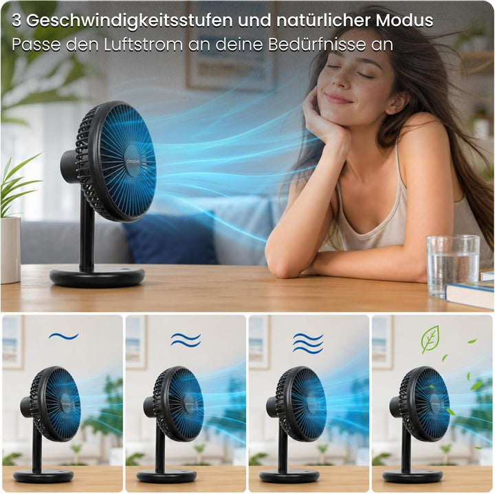 Tischventilator sehr leise - Akku USB Ventilator 4000mAh, Ø 16,5cm, bürstenloser 7-Flügel Mini Lüfte