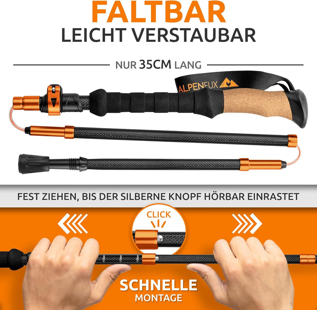 ALPENFUX Wanderstöcke faltbar, Trekkingstöcke, Nordic Walking Stöcke, leicht und verstellbar mit Kle