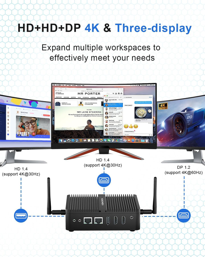 Lüfterloser Mini PC N100, Fanless PC Win 11 Pro, Alder Lake, 4K Dual HD, DP, 2xCOM, USB3.0, RJ45 Lan