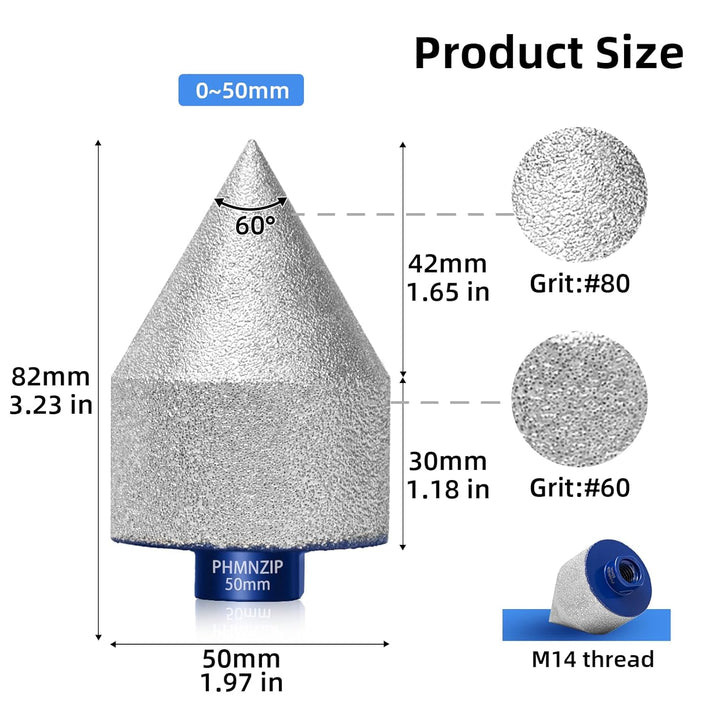 Diamant Faserbits Fasenfräser Finger Bits 50 mm x M14 Senkbohrer Fasenbits Diamant Senker Bohrer für