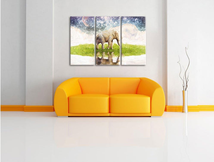 Pixxprint Elefant am Wasser / 3-Teilig/Gesamtmass 120cm Leinwandbild bespannt auf Holzrahmen/Wandbil