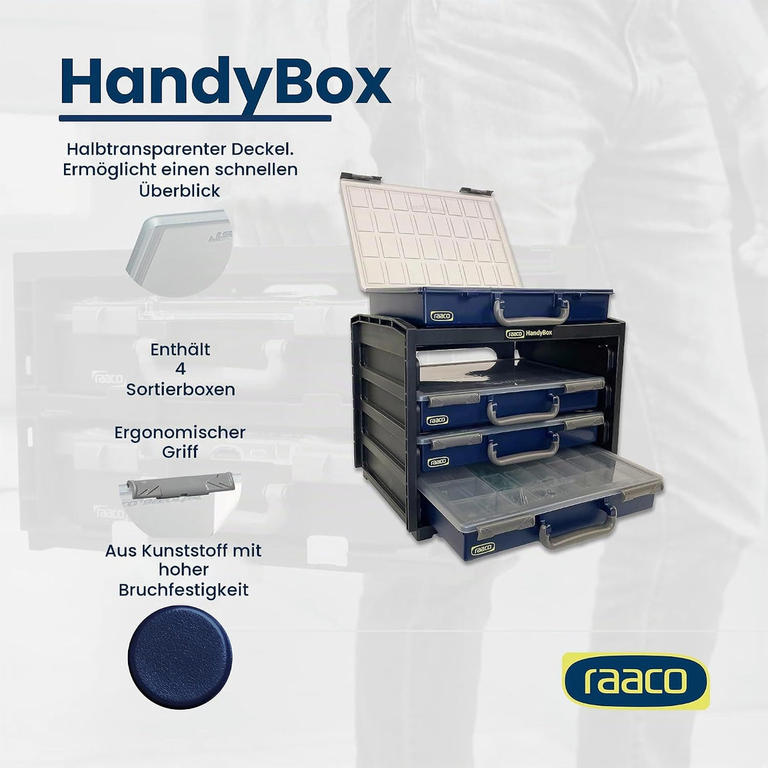 raaco HandyBox 55x4: Sortimentskasten für Werkstatt, Kistenberg mit 4 Sortierkasten für Kleinteile,