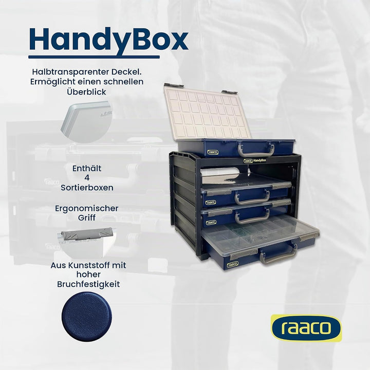 raaco HandyBox 55x4: Sortimentskasten für Werkstatt, Kistenberg mit 4 Sortierkasten für Kleinteile,