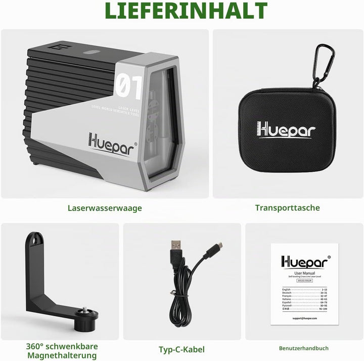 Huepar Laser Nivellier Selbstnivellierend Grüne Kreuzlinien-Laser Wiederaufladbare Laser Nivellierge
