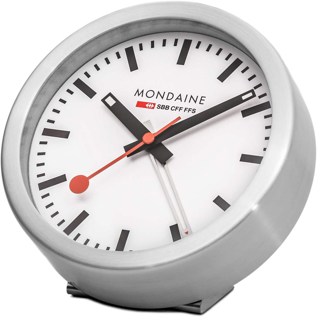 Mondaine - Wecker A997.MCAL.16SBB Tischuhr 125mm - Bahnhofsuhr aus Aluminium mit rotem Sekundenzeige