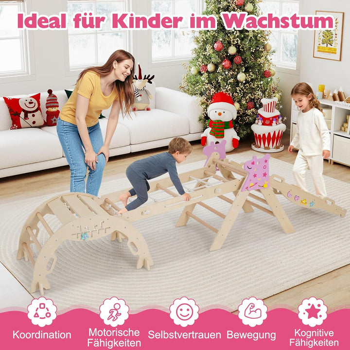 GOPLUS 9-in-1 Klettergerüst Indoor, Kletterdreieck Holz, 4er Set Kletterspielzeug mit Kletternetz, K