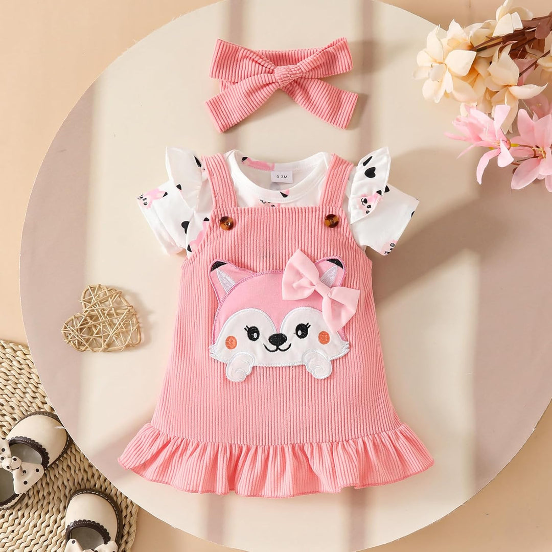 Baby Outfits für Mädchen mit Herz Print kurzärmelig Strampler Hosenträgerrock Bären Kleid Schleife S