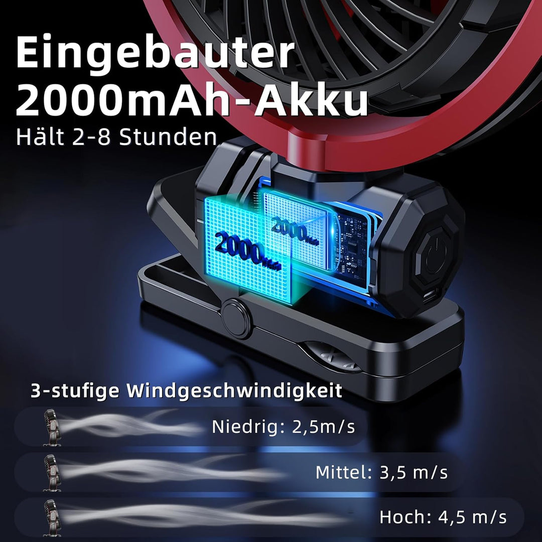 Auto Clip Ventilator mit Akku,USB C Aufladbar Leise Fan Portable Klein Klemmventilator,360° Verstell