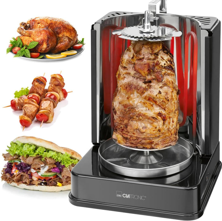 Clatronic DVG 3686 elektrischer Dönergrill, 3in1 Döner-/Hähnchen und Schaschlik-Vertikal-Multigrill,