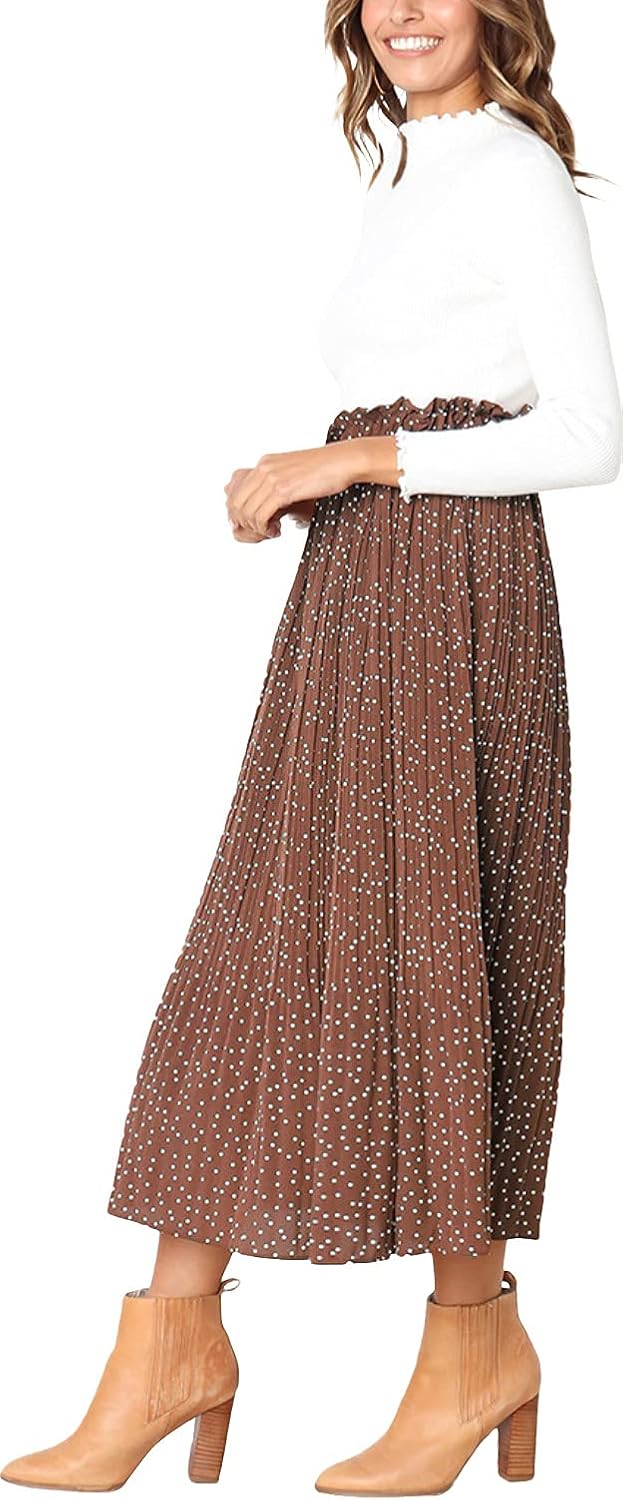Hoerev Frauen Print Punkt mit Taschen Falten Langer Rock Beach Party Maxi Rock M Braun Punkt, M Brau