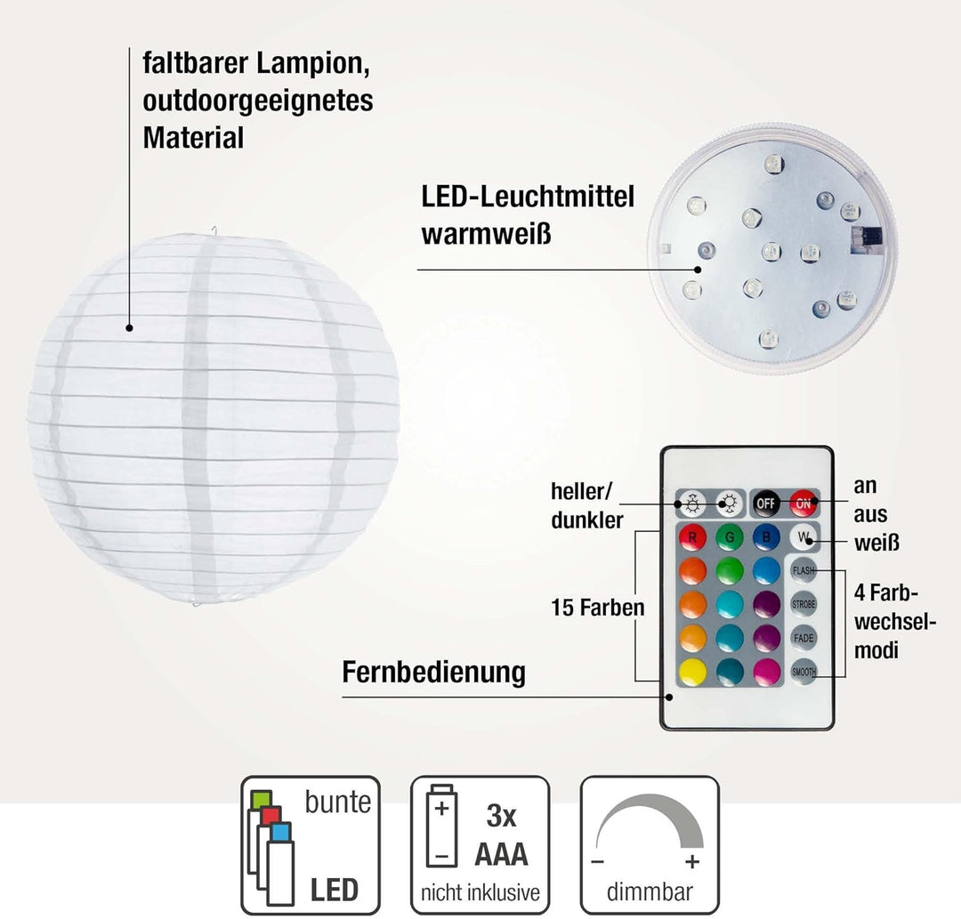 Hellum LED Lampion aussen mit Fernbedienung, weisse Lampions mit bunt LED, 3x30cm wetterfest Lampens