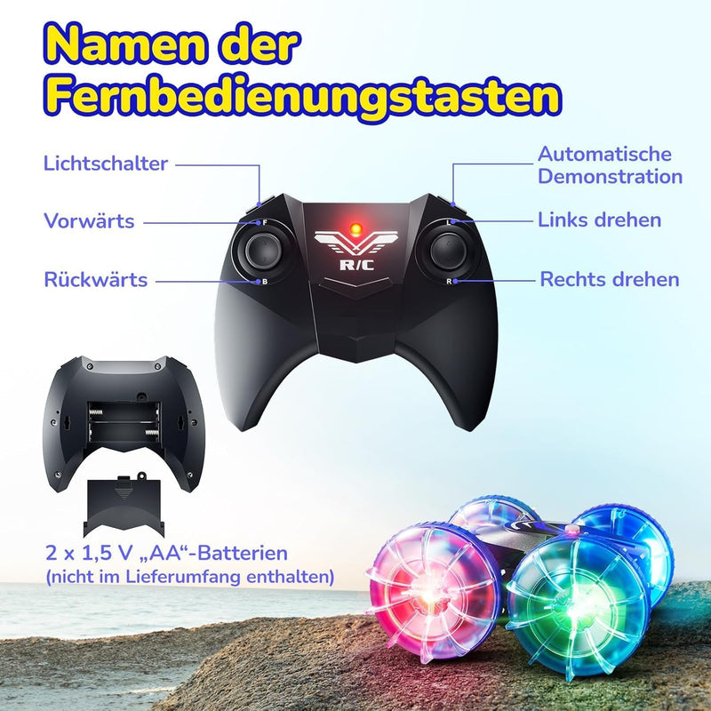 Ipflin Ferngesteuertes Auto mit LED Licht, 4WD 360° Drehbarer Wasserdichter Amphibienfahrzeug Fernge