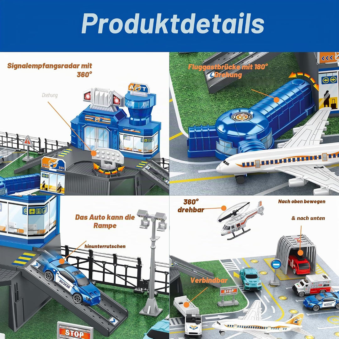 Flugzeug Spielzeug Set mit Lastwagen, Hubschrauber, Flugzeuge, Schilder und Flughafen-Spielmatte, in